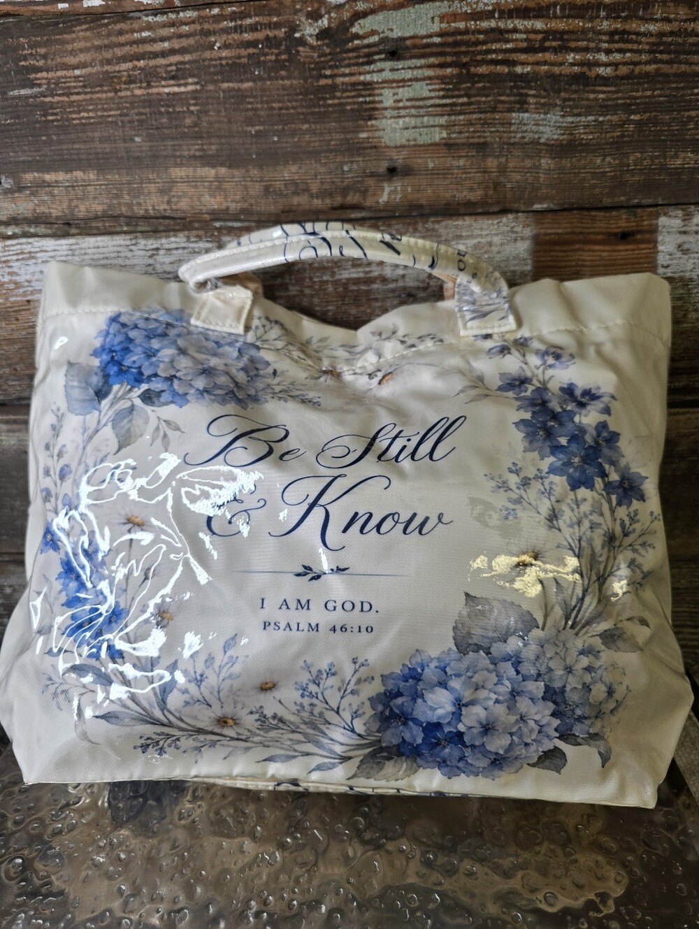 Be Still & Know Floral Vinyl Tote Bag in Cream and Blue, NEW